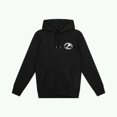 Black logo hoodie by The Coffeeshops featuring a front chest logo design, cozy fleece material, and a drawstring hood.