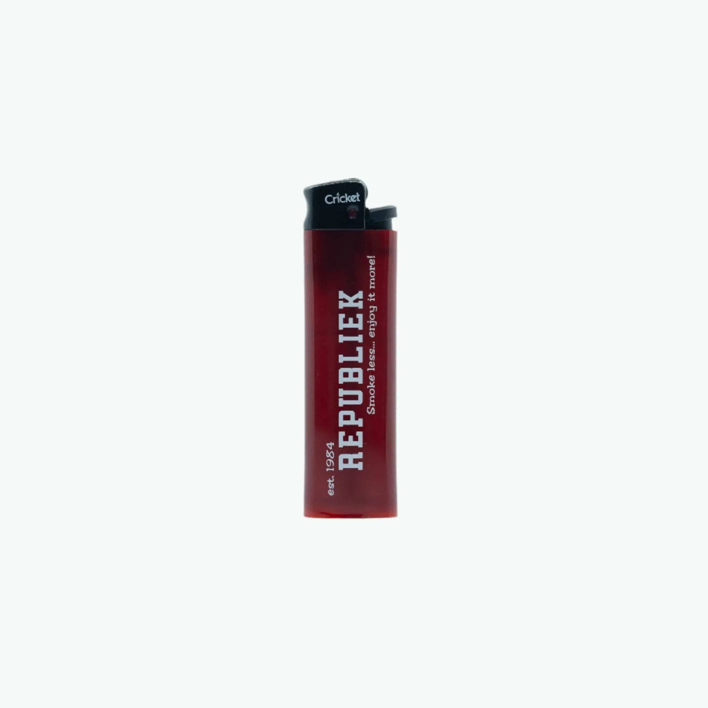 Cricket De Republiek branded lighter with a sleek design, featuring the "The Coffeeshops" artwork in vibrant colors.