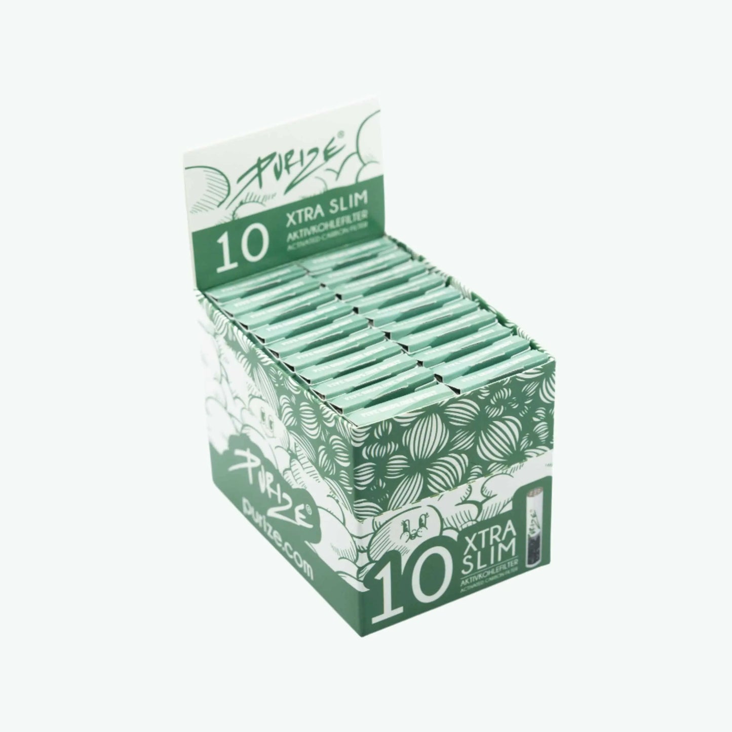 Pack of 10 Purize XTRA Slim Activated Filters for smoking devices, designed for clean filtration and smooth airflow.