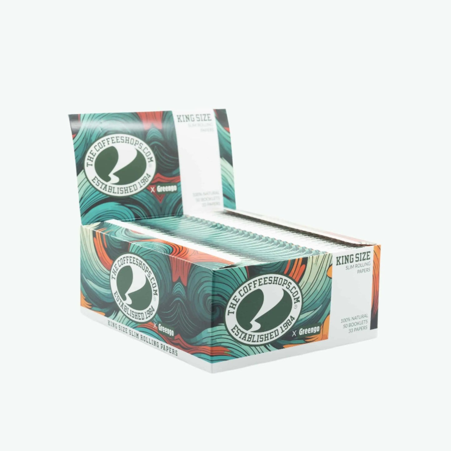 GreenGo Slim Rolling Papers in King Size, designed for smooth rolling, shown in the Coffeeshops box.