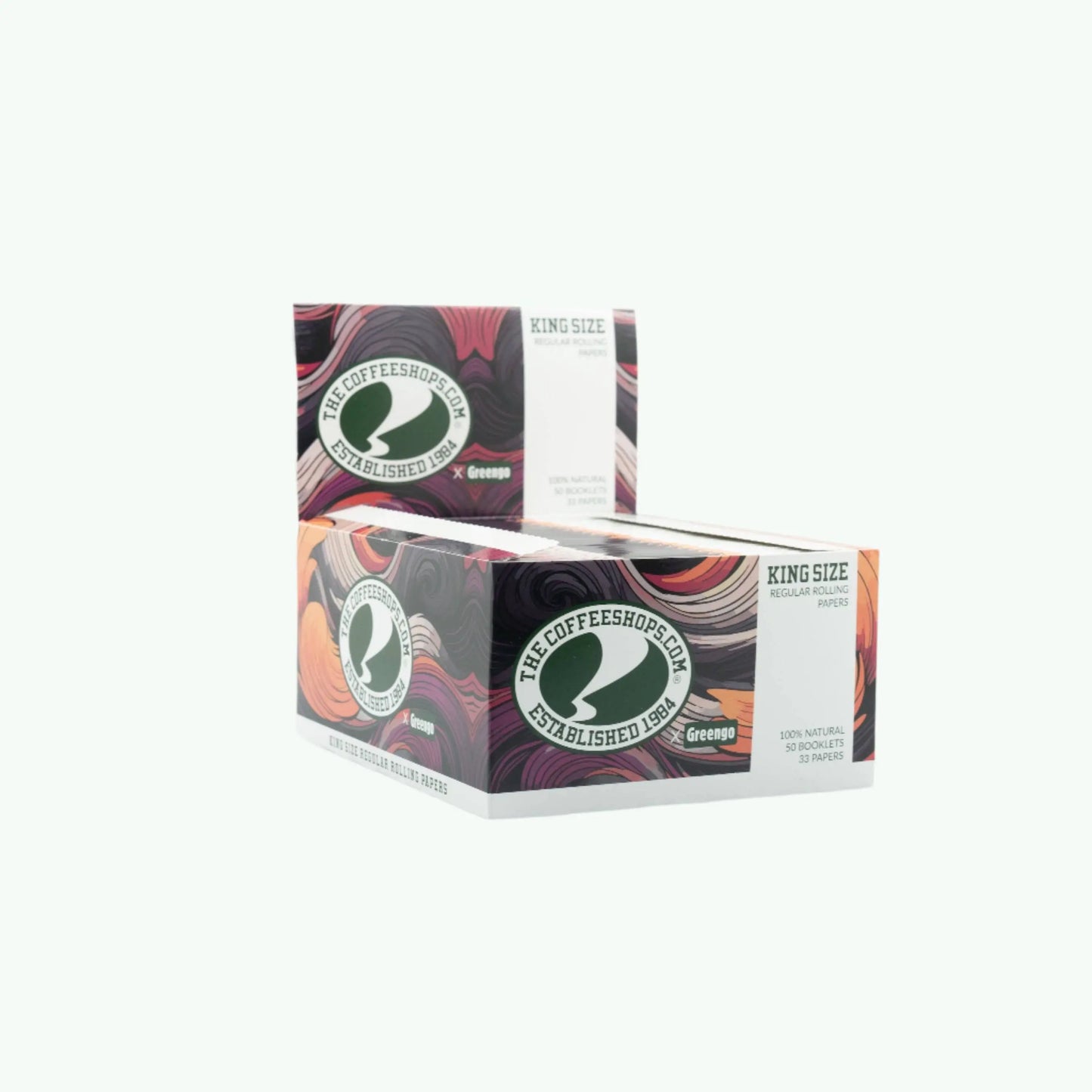 GreenGo Flow king size rolling papers in the Coffeeshops box, featuring natural paper with branding and easy rolling design.