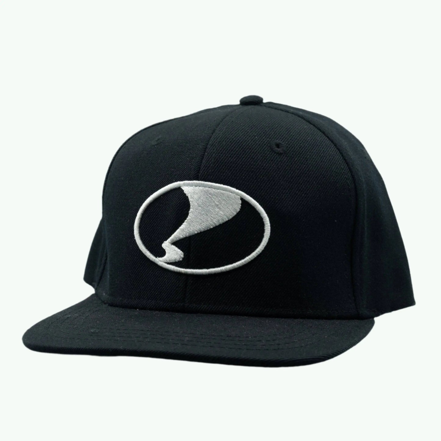 Black logo snapback cap by The Coffeeshops featuring a flat brim and adjustable strap, showcasing the brand's embroidered design.